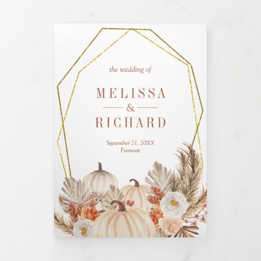 ボーホーパンパス ポンプキン フラワール テラコッタ 秋のウェディング 三つ折り招待状 (カバー)