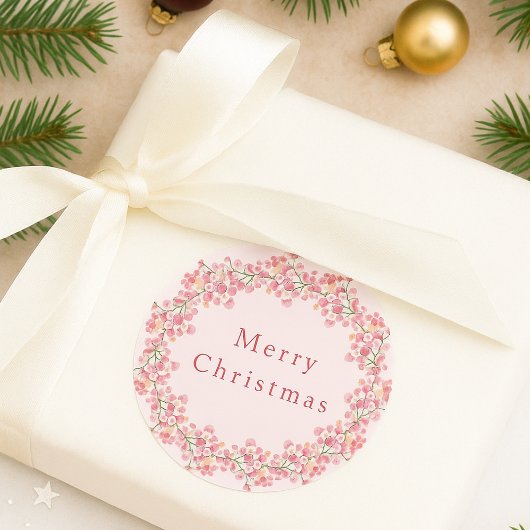 ボーホーピンクと赤い実の水彩クリスマスリース ラウンドシール