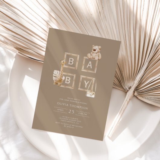 ボーホーブラウンウッドブロックレターズベイビーシャワー 招待状