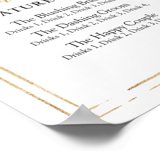 ボーホーブラッシュピンクのフローラ金ゴールドの署名ドリンクの看板 ポスター (角)