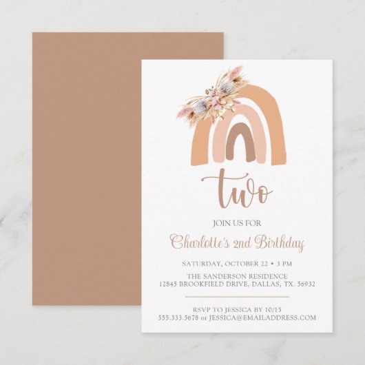 ボーホーレインボーミニマリストパンパスグラス誕生日 招待状 (正面/裏面)