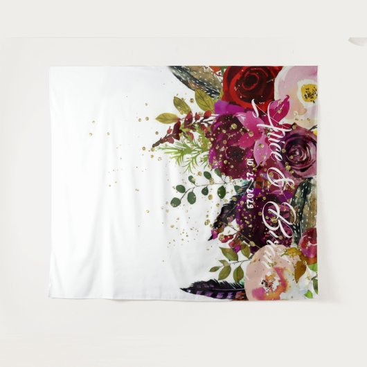 ボーホー大胆バーガンディーフラワーフェスティバルウェディングバックドロップ タペストリー (正面(横))