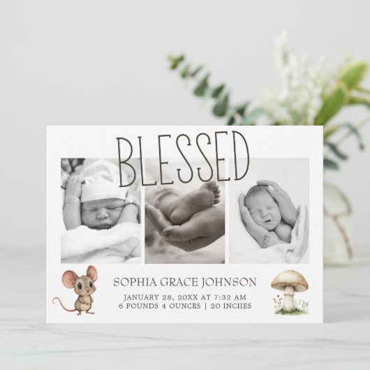 ボーホー森林の動物たちのかわいい写真ベイビー発表 招待状 (スタンド正面)