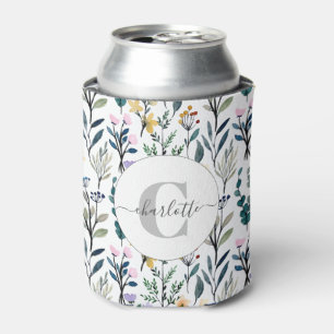 ボーホー水彩の野生の花のパターン モノグラム 名前 缶クーラー