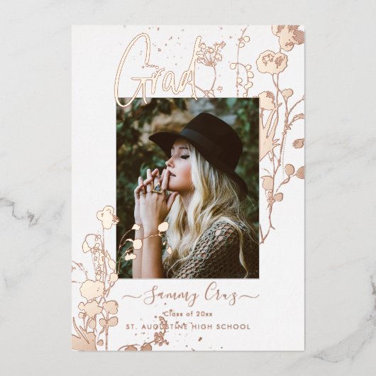 ボーホー水彩の野生の花の卒業式ローズゴールド 箔招待状 (正面)