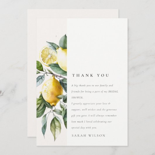 ボーホー水彩イエロー レモン ガーデン ブライダル シャワー サンキューカード (正面/裏面)