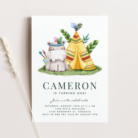 ボーホー水彩カバ トライバル ファースト バースデー パーティー 招待状