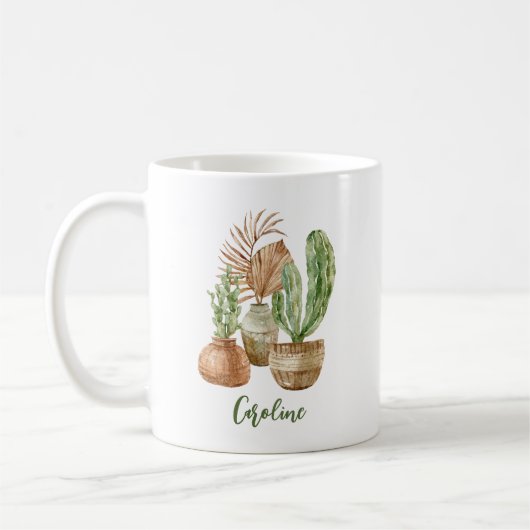 ボーホー水彩サボテンパンパス植物パーソナライズ コーヒーマグカップ (左)
