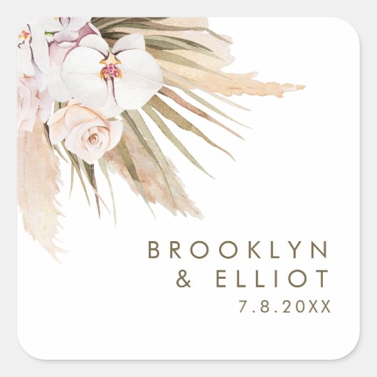 ボーホー水彩パンパスグラス ウェディング フェイバー スクエアシール (正面)