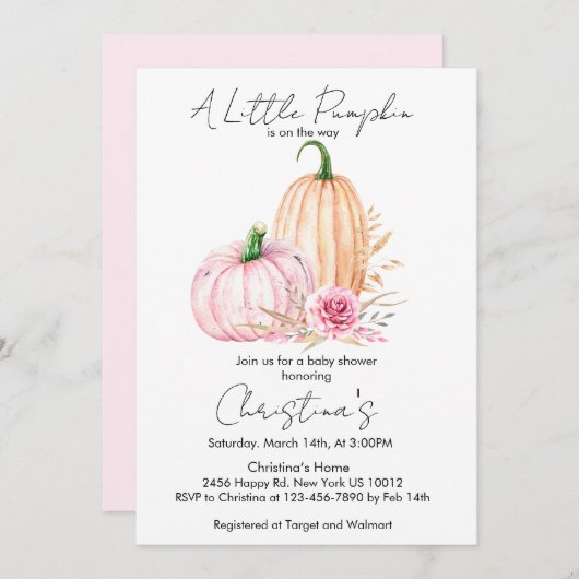 ボーホー水彩パンプキンベイビーシャワー 招待状 (正面/裏面)