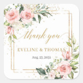 ボーホー水彩フラッシュピンクのバラのウェディング スクエアシール (正面)