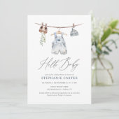 ボーホー水彩ベビー服 男の子ベビーシャワー 招待状 (スタンド正面)
