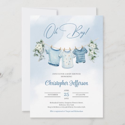 ボーホー水彩ボーイのベビー服とユーカリ 招待状 (正面)