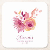 ボーホー水彩マゼンタ赤い花の花嫁シャワー スクエアペーパーコースター (正面)