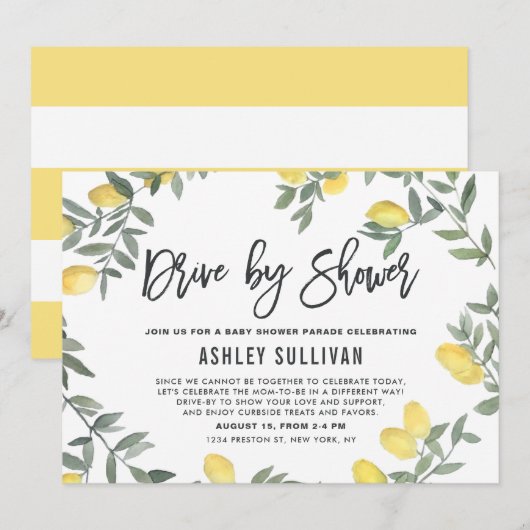 ボーホー水彩レモンリース ドライブバイ ベビーシャワー 招待状 (正面/裏面)