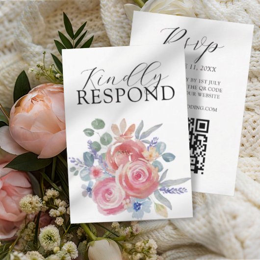 ボーホー水彩ローズ フローラル ウェディング ディテール 出欠カード