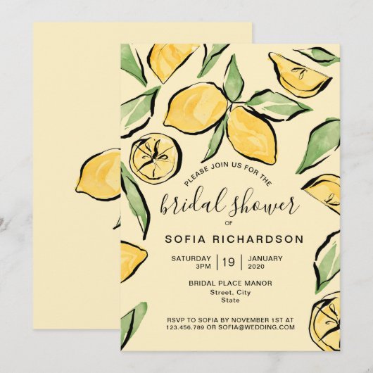 ボーホー水彩画のレモン シトラス グリーンのサマー 招待状 (正面/裏面)