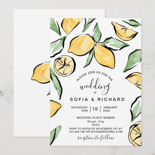 ボーホー水彩画 レモン シトラス グリーンのある夏 招待状 (正面/裏面)