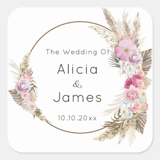 ボーホー水彩花と羽根 スクエアシール (正面)