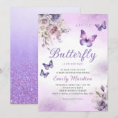 ボーホー水彩花ガールバタフライ ベイビーシャワー 招待状 (正面/裏面)