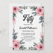 ボーホー水彩花フレーム ラスティック 50歳の誕生日 招待状 (正面)