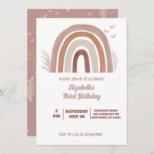 ボーホー水彩虹の誕生日 | パンパスグラス 招待状 (正面/裏面)