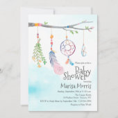 ボーホー水彩部族の羽根ベイビーシャワー招待状 招待状 (正面)