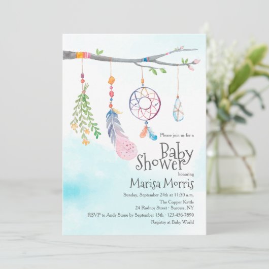 ボーホー水彩部族の羽根ベイビーシャワー招待状 招待状 (スタンド正面)