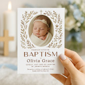 ボーホー洗礼招待状　フラワーリースと赤ちゃん 招待状