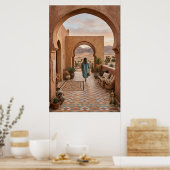 ボーホー砂漠の女性が夕焼けのアーチ、サボテンに向かって歩く ポスター (キッチン)