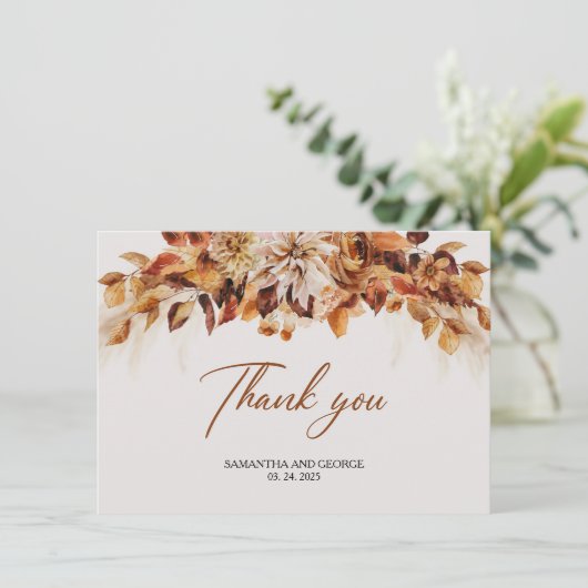 ボーホー秋とオータム水彩花と葉っぱ サンキューカード (スタンド正面)