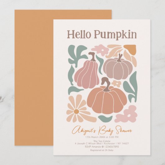 ボーホー秋のカボチャベビーシャワー 招待状 (正面/裏面)