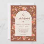 ボーホー秋のワイルドフラワー テラコッタ ベージュ ウェディング 招待状 (正面)