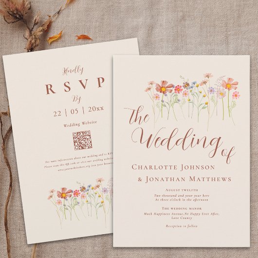 ボーホー秋のワイルドフラワー ベージュ テラコッタ QRコード 招待状