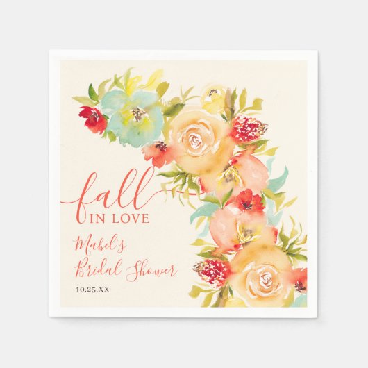 ボーホー秋の恋の花の水彩画 ブライダルシャワー スタンダードカクテルナプキン (正面)