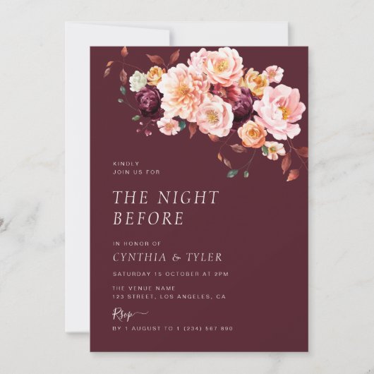ボーホー秋の花柄バーガンディーの前夜祭 招待状 (正面)
