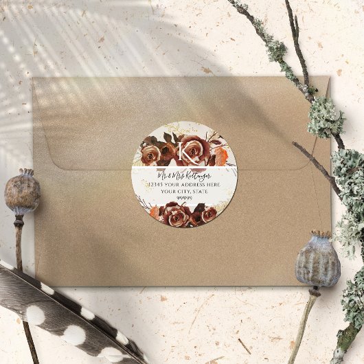 ボーホー秋の花 フラワーパターン オータムリーフ モノグラム 住所 ラウンドシール