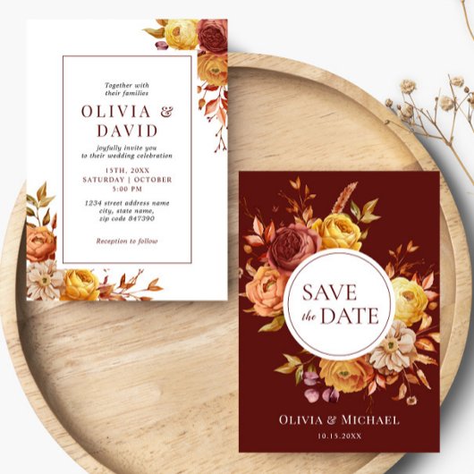 ボーホー秋の花 フローラル ラスティック フラワー フォリアージ ウェディング 招待状