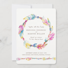 ボーホー羽毛ビーズの水彩リハーサルディナー 招待状