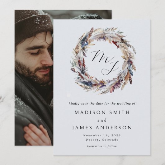 ボーホー羽毛リースモノグラム冬の結婚式 セーブザデート (正面/裏面)