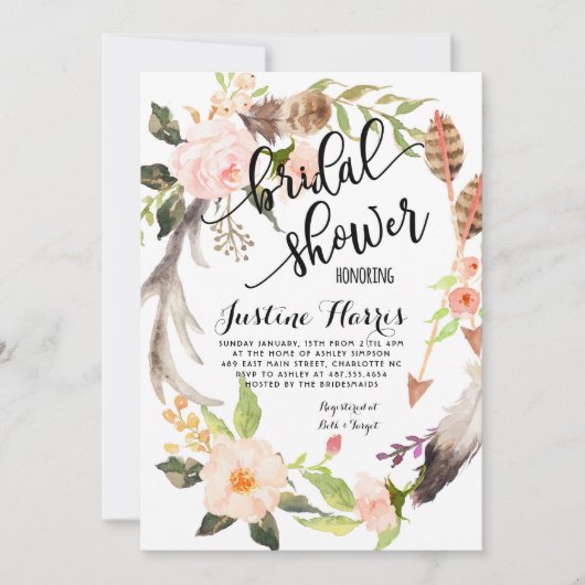 ボーホー羽毛 ブライダルシャワー招待状 招待状 (正面)