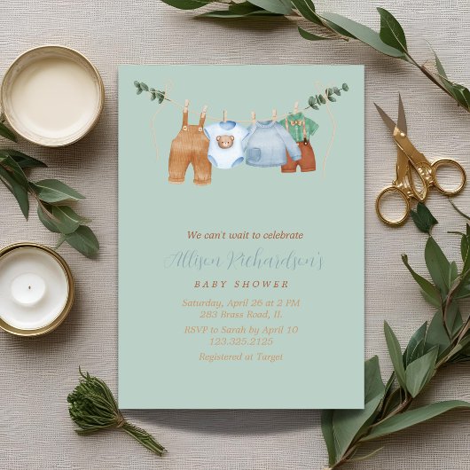 ボーホー風の洗濯物ラインの男の子 パステル水彩 ベビーシャワー 招待状