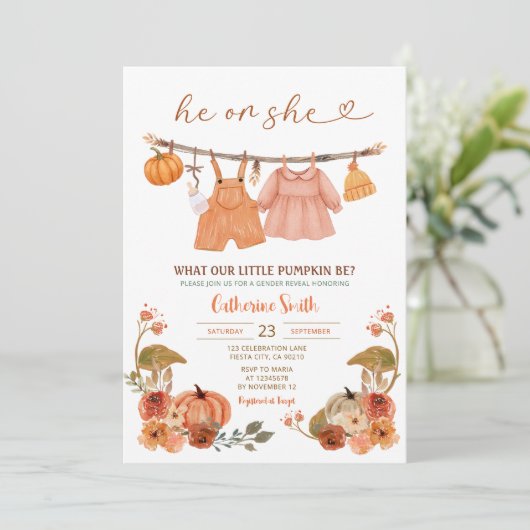 ボーホー風 おとこの子 おんなの子 かぼちゃ 性別発表 秋 オータム 招待状 (スタンド正面)