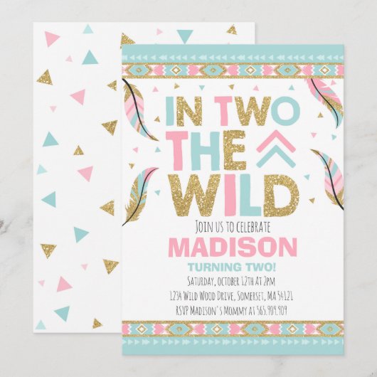 ボーホー2歳の誕生日招待状 ワイルドパーティー 招待状 (正面/裏面)
