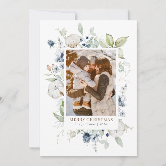 ボーホー ウィンター ウォーターカラー グリーンフォリアージ フォト シーズンカード (正面)