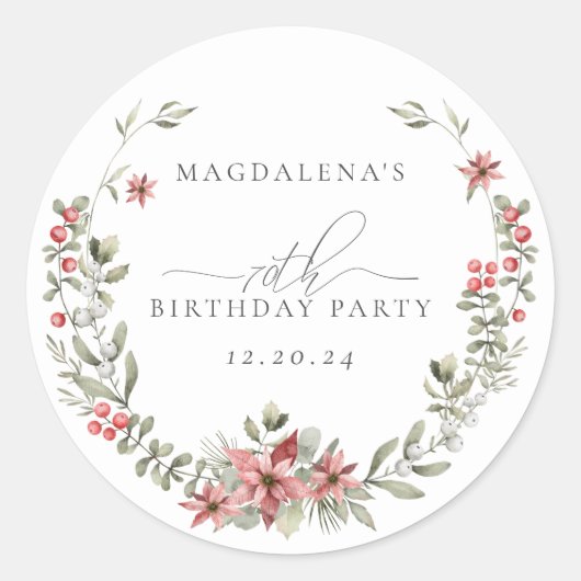 ボーホー ウィンター グリーン 赤 花 70歳 誕生日 ラウンドシール (正面)