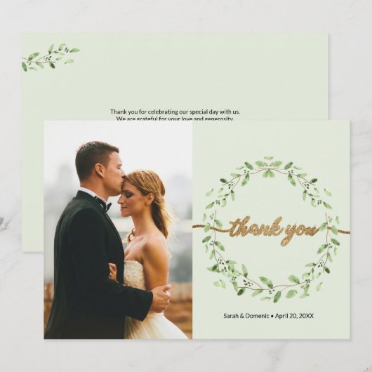 ボーホー ウォーターカラーの葉のリース 春のウェディング フォト サンキューカード (正面/裏面)