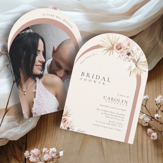 ボーホー ウォーターカラー フローラル フォト アーチ ブライダル シャワー 招待状