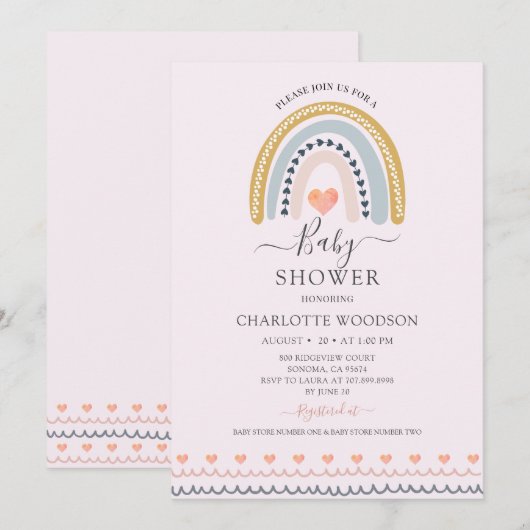 ボーホー ウォーターカラー レインボー ピンク ベイビー シャワー  インビテーション (正面/裏面)