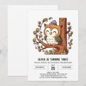 ボーホー ウッドランド デジタル オウル バースデー 招待状 (正面/裏面)